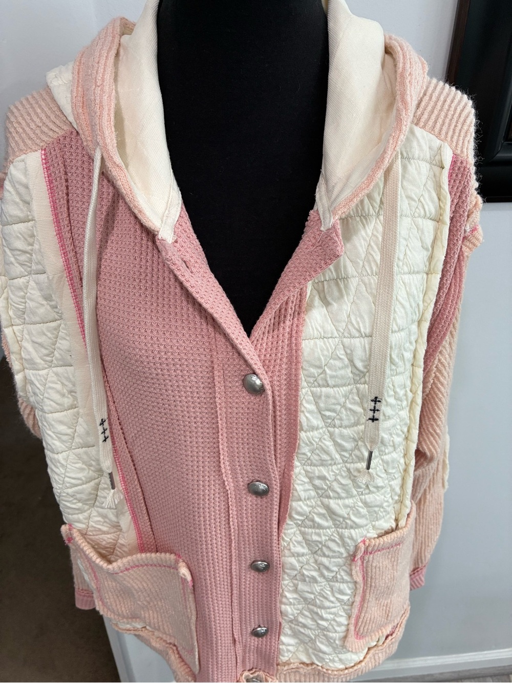 POL Pink and Cream Quilted Mixed-Knit Hooded Cardigan - Picture 2 of 9